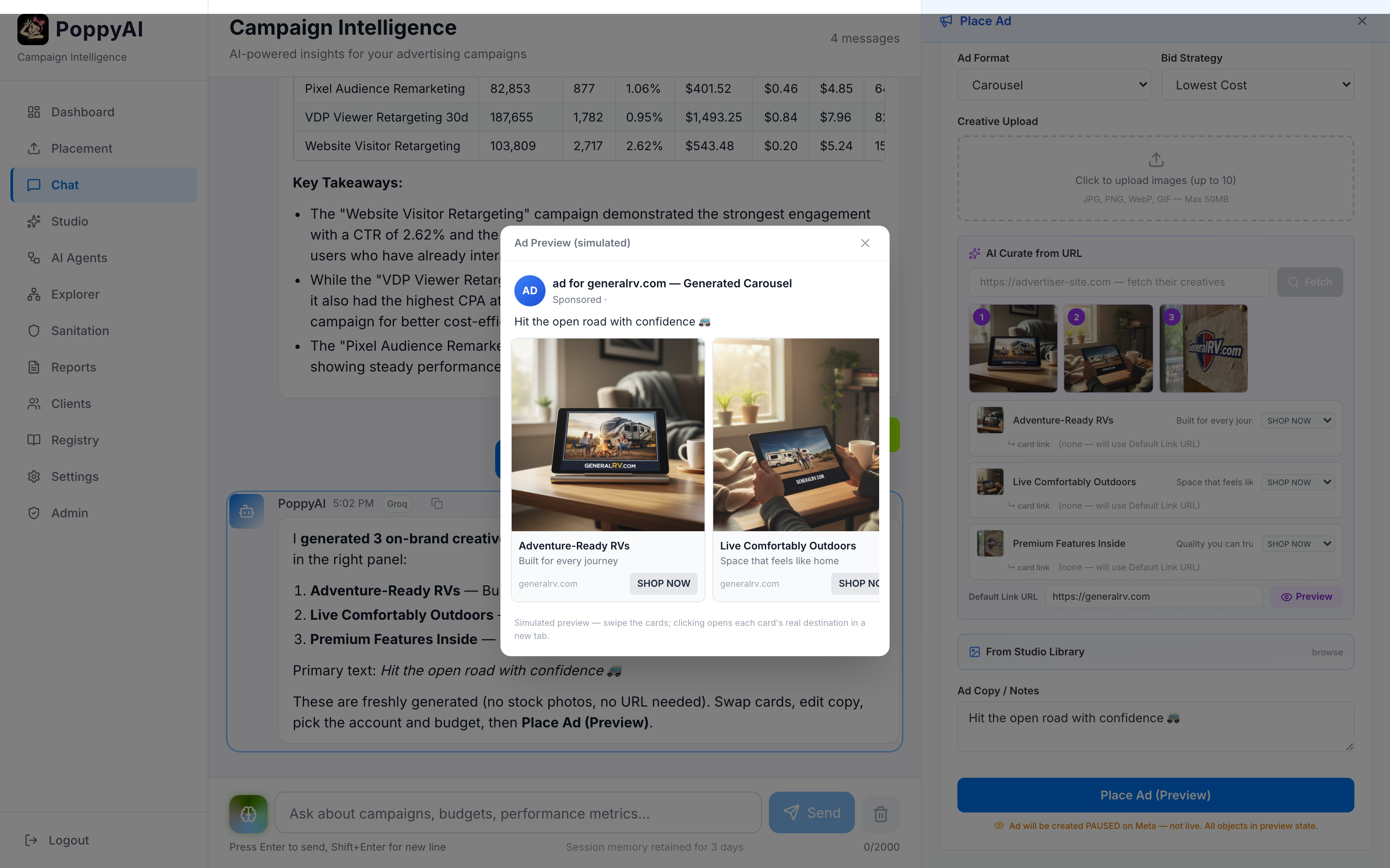 PoppyAI simulated Meta feed preview of a staged carousel ad