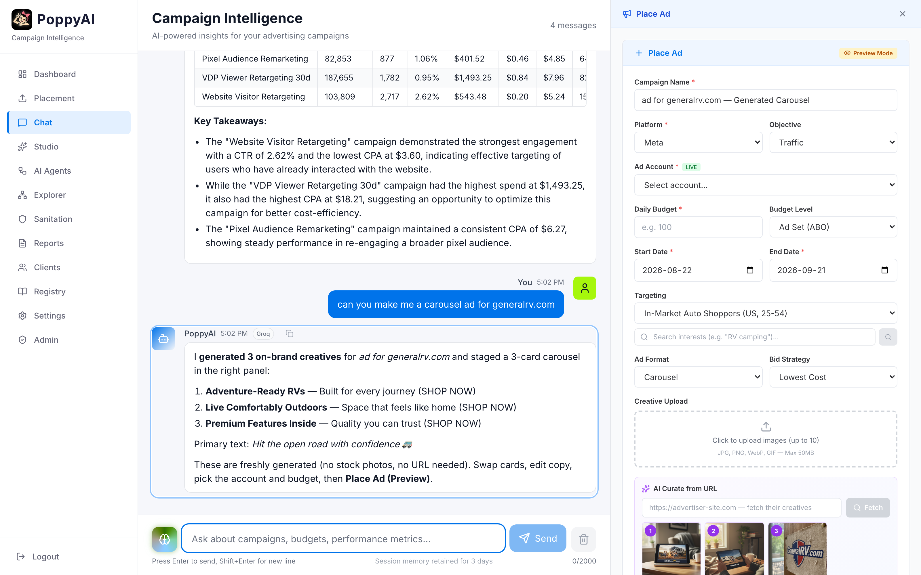 PoppyAI AI chat building a carousel ad from a website URL with a pre-filled Meta campaign builder panel