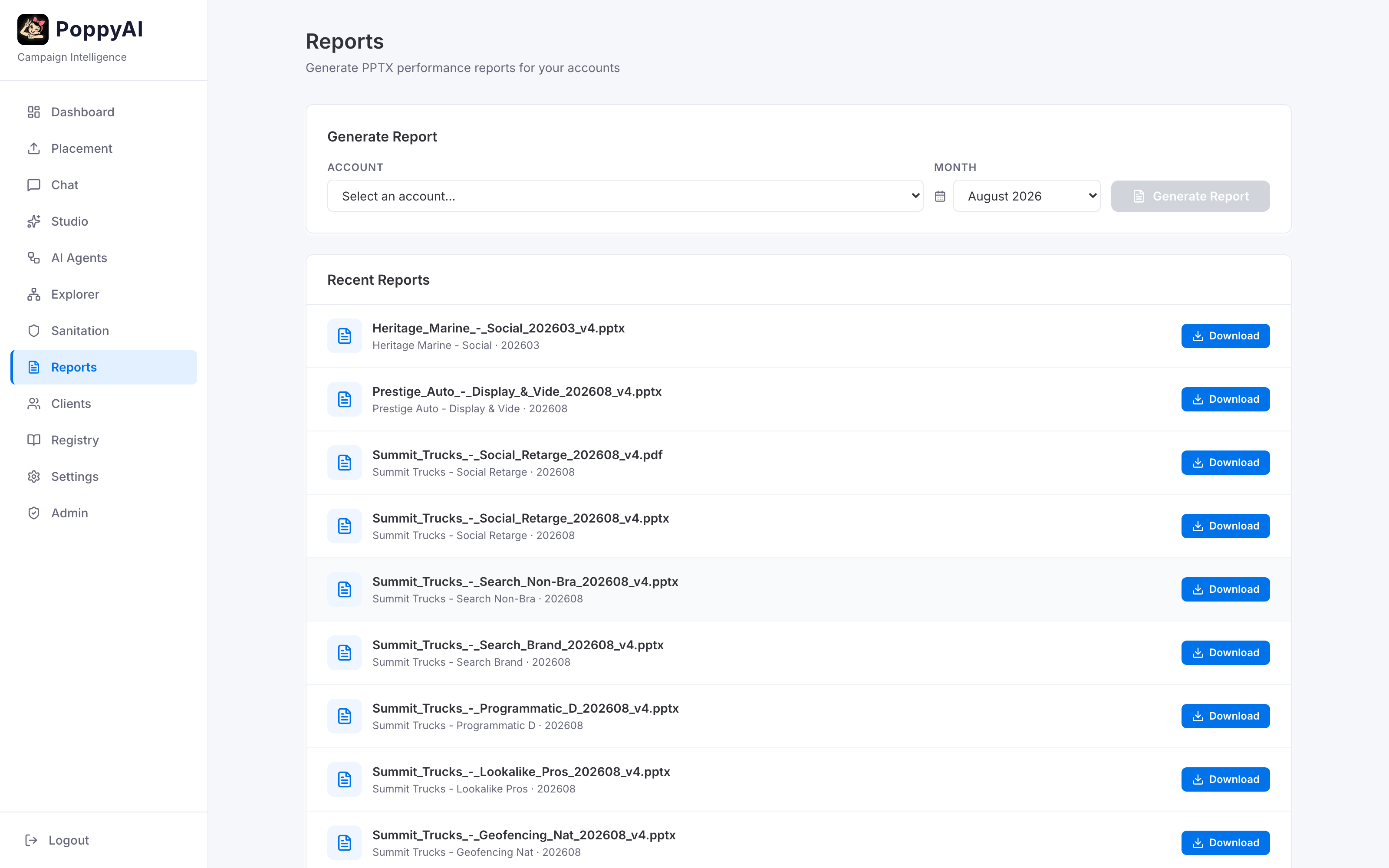PoppyAI automated client report builder for advertising campaigns